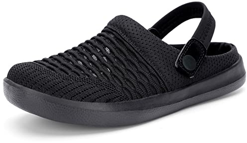 HKR Zuecos Mujer Verano Zapatos de Jardín Respirable Malla Casual Zapatillas de Playa Antideslizante Ligero Planos Pantuflas para Uso Diario, Ocio, Exterior y Interior Todo Negro 37 EU