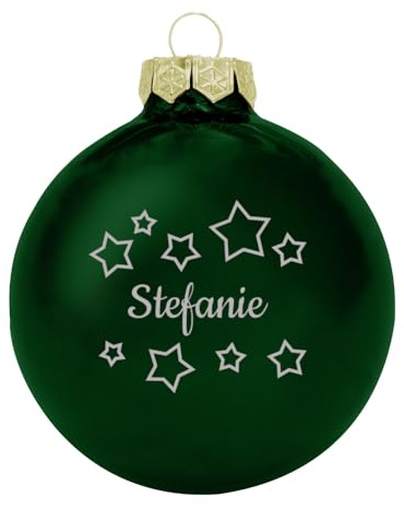 Deitert Weihnachtskugel mit Namen oder Wunschtext graviert, Ø 8cm, personalisierte Christbaumkugel aus Glas (glänzend), individueller Weihnachtsbaumschmuck mit Gravur, Sternen-Motiv, Grün