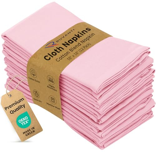 Ruvanti Cloth Napkins Set of 12, 18x18 Inches Napkins Cloth Washable, Soft, Durable, Absorbent, Cotton Blend. Table Dinner Napkins Cloth for Hotel, Christmas, Dinner, Parties - Pink