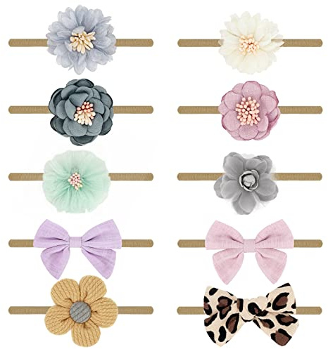 DRESHOW Baby Girl Headbands and Hair Bows Nylon Headbands 10 Pack of Hair Accessories for Newborn Infant Toddlers Kids