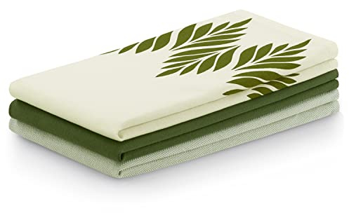 AmeliaHome 3er Set Geschirrtücher Baumwolle Küchentücher 50x70 cm Blätter Muster Letty Flaschengrün Grün