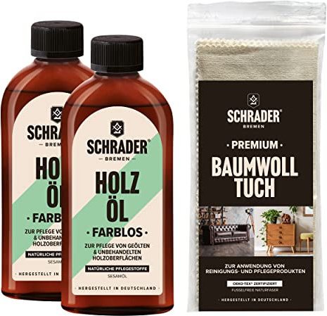 SCHRADER Holzöl Set - farbloses Pflegeöl für Holzmöbel und Holzoberflächen mit Poliertuch - 3-teilig - Made in Germany