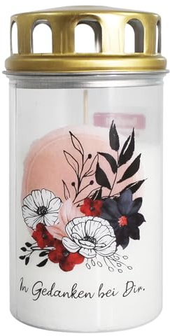 Grabkerze Ewiglicht Grablicht klein mit Deckel Blumenbouquet, Motiv In Gedanken bei Dir, Jeka