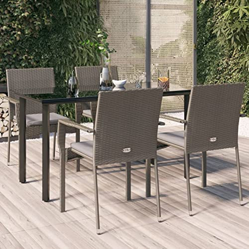 Yolola 5 teilig Garten Sitzgruppe Poly Rattan Gartenmöbel Set 4 Personen Essgruppe Gartentisch mit Stühle Stapelbare Gartengruppe Sitzgarnitur Gartengarnitur Terassenmöbel Grau#3