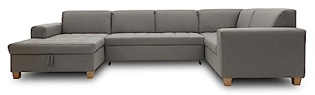 DOMO. collection Wohnlandschaft Sugar, Bettfunktion & Steppung, hellgrau | Longchair links mit Bettfunktion, moderne U-Form Couch mit klassischem Design und Steppung, 162 x 333 x 199 cm (BxTxH)