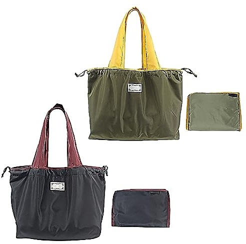 ATBUSS 2 Bolsas de la Compra Grandes Con Cordón, Plegables Portátiles, Reutilizables e Impermeables para Compras, Gimnasio, Camping y Más - Negro y Verde Militar, 44 x