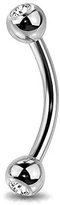 Jewel Barrel Curved Barbells Gem Eyebrow Bar Ear Daith Rook Helix 16G Piercing Jewellery 6/8 /10 /12mm with Crystal Colour CZ Balls (Clear, 6)