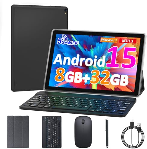 10 inch Android 15 Tablet, 8GB RAM 32GB ROM Powerful Quad-core CPU, 1280*800 Resolution Screen Tablet PC, 8MP Camera, 6000mAh Battery Computer, 2 in 1 Tablets with Keyboard, Case, Mouse, Stylus Laptop