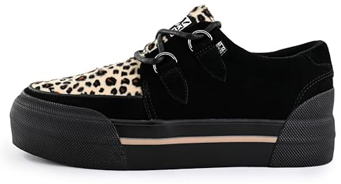 T.U.K. Stacked Creeper Sneaker - Herren & Damen Schuhe - Farbe Black Leopard Print Suede - Puck, Goth und Rocker Style Leder und Wildleder Schnürschuhe - Größe EU38