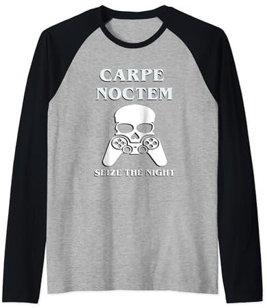 Calavera retro de Carpe Noctem, videojugador Seize the Night Camiseta Manga Raglan