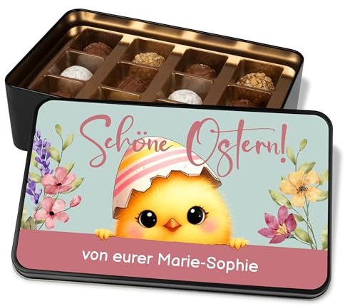 True Statements Pralinendose Ostern personalisiert – 12 Pralinen in Metalldose mit Ostermotiv – Individuelles Ostergeschenk mit Namen