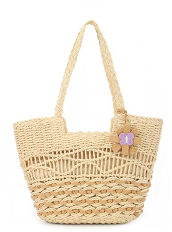 Jywmsc Stroh Strandtasche, Große Sommer Boho Woven Tote Bags, Rattan Handmade Schulter Handtaschen für Damen