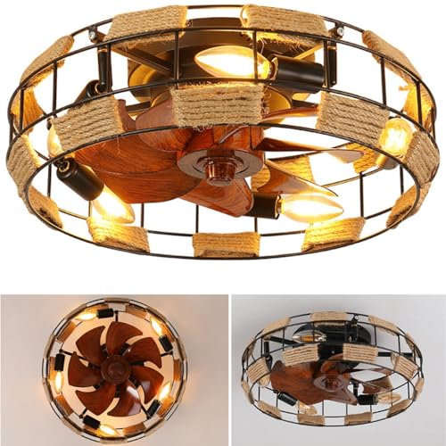MyLjp Vintage Deckenventilator mit Beleuchtung und Fernbedienung E27*5 32W Retro Hanfseil Ventilator Deckenleuchte 6-Gang-Reversibler Einstellung Timer für Wohnbereich Schlafzimmer Esszimmer Küche