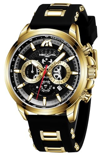 MEGALITH Montre Mode Homme Etanche: Analogique Chronographe Quartz - Noir Caoutchouc Cadran Grosse Design Cadeau