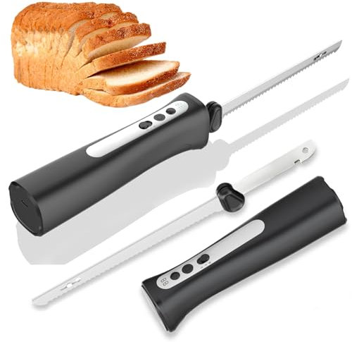 QUTBAG 2pcs Couteau à découper la Viande électrique, Couteau trancheur de Viande sans Fil, Couteau à Pain avec Lames dentelées en Acier Inoxydable et déclencheur de Verrouillage de sécurité
