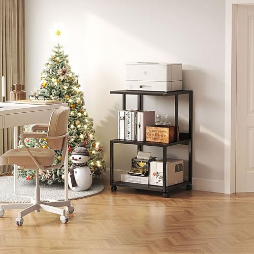 CAIYUN Druckertisch, Druckerständer mit arretierbaren Rädern, Druckerwagen rollbar mit 3 Ebenen, Holz & Metallkonstruktion Druckerhalter sind robust und einfach zu montieren, 30 x 44 x 65 cm, Schwarz