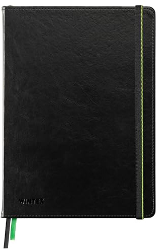 WINTEX Notizbuch A4 - DIN A4 Kladde mit Kunstleder Cover - Notebook perforierte Seiten - 2 extra Fächer und Sticky Notes - 96 Seiten Punktraster Notizblock - Hardcover schwarz