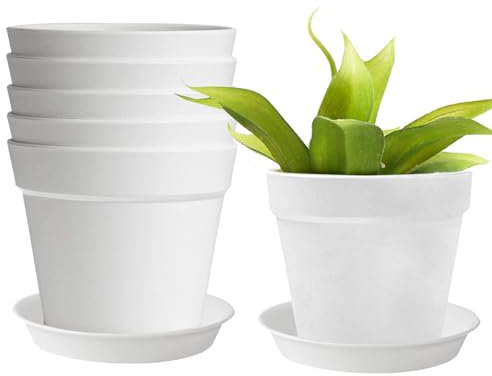Macetas de plástico de 8,8 cm con plato, juego de 6 macetas de plástico para hierbas, macetas interiores, macetas de plástico con plato, para interior de cactus suculentas, color blanco
