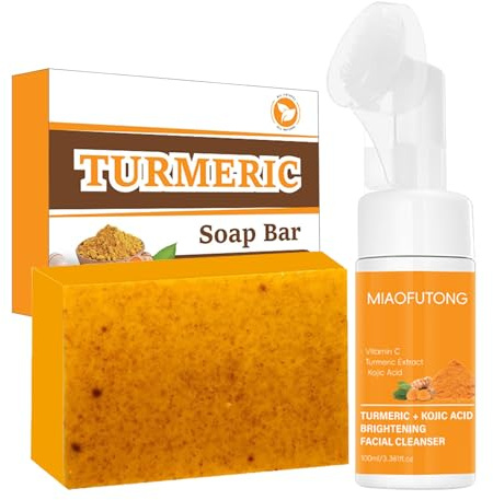 Turmeric Soap Bar with Facial Cleanser - Natural Kojic Acid, Collagen, Vitamin C, Dark Spot Remover for Even Skin Tone, Acne, Dark Spots, Smooth Skin