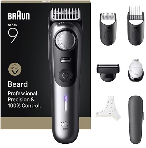 Braun Barttrimmer Series 9, mit 7 Barber Tools, Power Boost & Lebenslang scharfe ProBlade Klinge, 180 Min Akkulaufzeit, Mit Fade, 52 Längen, Präzisionsrad & Verriegelung, Wasserdicht, BT9520, Chrom