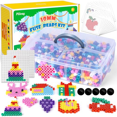 Pllieay Kit de perles fusibles 10mm, perles fondantes 8 couleurs, ensemble de perles de fer comprenant 2 panneaux perforés, papier à repasser pour projet d’art et d’artisanat
