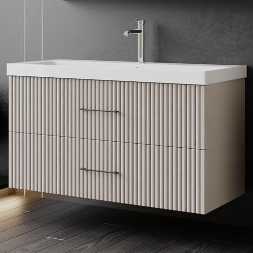 Karen Waschtisch mit Unterschrank Liana | Keramikwaschbecken | Unterschrank | Badmöbel | Aufsatzwaschbecken | Konsolenwaschtisch | Elegant | Badezimmer | Riffeloptik (Liana 100)
