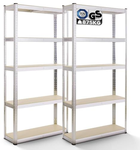 AREBOS Set 2 Scaffali per Carichi Pesanti 180x90x40 cm | Capacità 875 kg | 5 Pannelli MDF | Sistema a Incastro Facile da Montare | Scaffale per Magazzino, Cantina e Officina | Argento