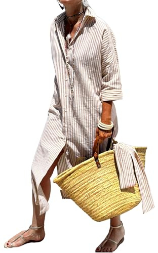 utcoco Womens 2025 Shirt Dress Casual Lapel 3/4 Sleeve Button Down Split Belted Vacation Maxi Dress