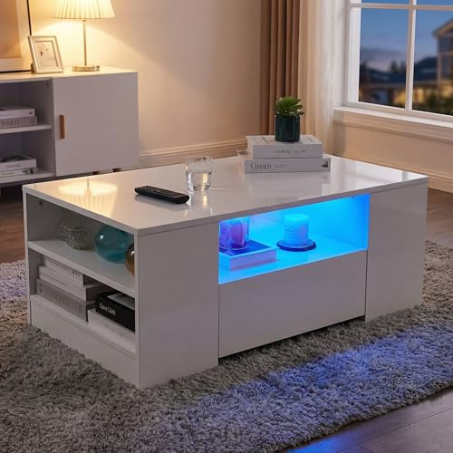 Oyajia Couchtisch mit LED-Beleuchtung, Modern Sofatisch Wohnzimmertisch mit 2 Schublade, 100x55x37cm