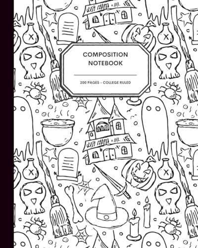 Cute 'N Spooky Halloween Notebook Journal – 200 College Ruled Pages – Black Halloween Doodle Icons on White Cover – Seasonal Writing Journal for Fall Lovers, Teens, Adults & Creative Spirits