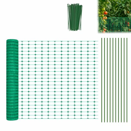 Aufun Begrenzungszaun mobiler Zaun 1m Hoch, 30m Lang, Gartennetz, Grün | inkl. Pfähle und Bindebänder, Hundezaun Hühnerzaun Weidezaun Gartenzaun Steckzaun extrem stabil ideal für Haus, Hof