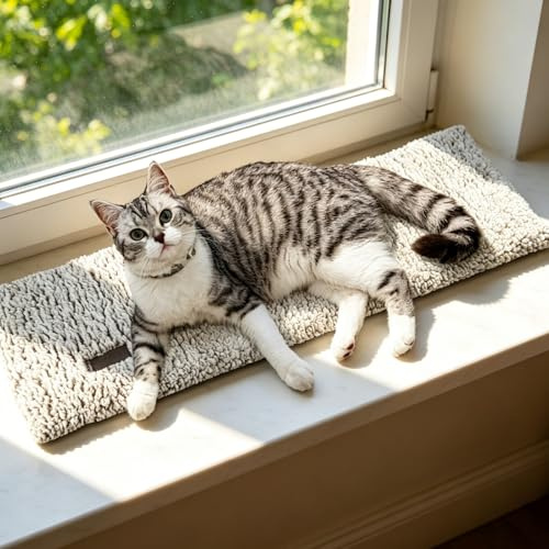 Mora Pets Katzen Fensterliege Katzenbett Fensterbank rutschfest, Selbstheizende Katzendecke für Fenster, Wärmedecke Ohne Strom, Katzenliege Fenster Flauschig & Weich, Waschbarer Bezug, 90 x 28 cm