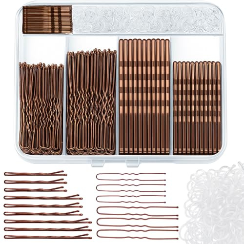 Richunie 350 Stück Haarnadeln Haarnadel Bobby Pins Hairpin U-förmige Haarnadeln 2inch 2.36inch, Hair Pins 1.4inch 2inch 2.75inch,Durchsichtige Haargummi mit Aufbewahrungsbox für Frauen Mädchen(Braun)