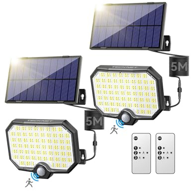 TECKNET Solarlampen für Außen mit Bewegungsmelder, 252 LED Super Helle 3 Modi Solarleuchte Aussen mit 270° Weitwinkelbeleuchtung, IP65 Wasserdichte Solar Wandleuchte für Garten Garage Aussen 2 Stück