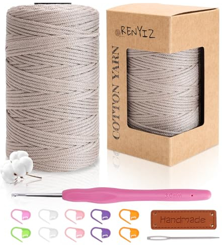 Renyiz Baumwolle Zum Häkeln Makramee Garn 2.5mm 250g 210m Baumwollgarn Mit 3mm Häkeln Häkelgarn für Taschen und Handwerksprojekte Geeignet für Anfänger Cotton Yarn
