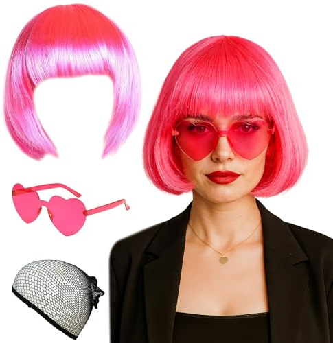 AYNKH 3 Stück Rosa Kurze Bob Perücke, Partyperücken und Sonnenbrillen-Set, Bunte Neon-Bob-Perücken, geeignet für Cosplay, alltägliche Partys, Karneval, Fasching, Halloween, rosa