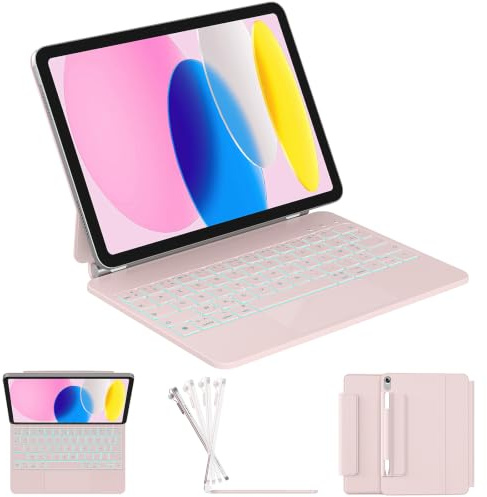 RAYMCRAFT für iPad (A16) 11th 2025/10th Generation Hülle mit Tastatur, Magic Keyboard für iPad 10.9 2022, 11-Farben-Hintergrundbeleuchtung, Multi-Touch Trackpad, Magnetständer, Stifthalter, Rosa