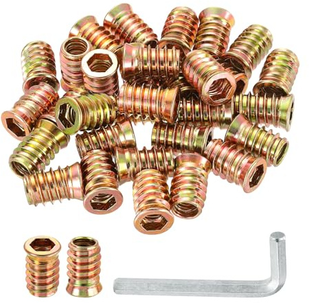 QUARKZMAN 50pcs Inserts d'Écrou UNC3/8-16 à Entraînement Hexagonal, Insert Fileté pour Bois 25mm, Goujons Filetés en Acier au Carbone, Connecteur de Fixation Écrou à Visser avec Clé, Doré
