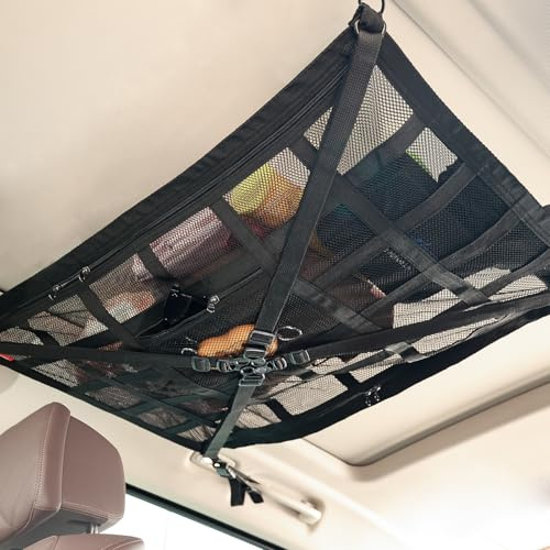 Car Ceiling Cargo Net, Adjustable Interior Roof Storage Net, Universal Large Capacity Double-Layer Mesh Roof Cargo Pocket Organiser with Zipper for SUV Van Campervan 35.4x25.5
