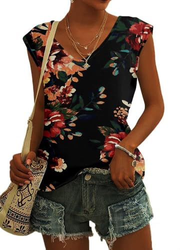 Gekoko Dam-t-shirt, kortärmad, v-ringad, vingärmar, toppar, blusar, sommar, ledig, lös tanktopp, basic, flickor, toppar, Blomfärg 7, M