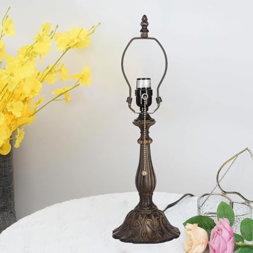BOTOWI Tiffany Lampenhalter Ersatz, nur Tischlampenfuß, für 8, 10, 12 Zoll Tiffany Stil Buntglas Lampenschirm, Antikbronze, Lotus Harz, 1-Zip-Lampenfassung, Kabel mit Tastenschalter