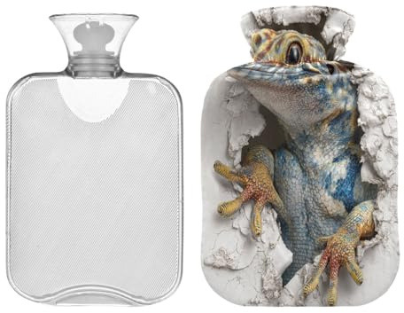 Geckoes - Botella de agua de pared 3D de reptil para agua caliente con cubierta suave, bolsa de 2 L para calentador de cuello, hombros, calambres menstruales, bolsa caliente para dolores menstruales