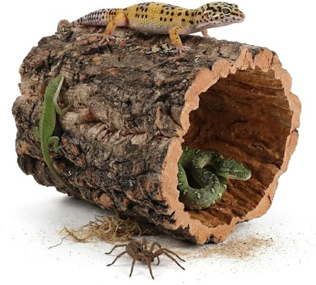 Veemoon Tree Trunk Reptile Hide Cave Reptile & Amphibian Habitat Hideouts Cork Bark Tree Trunk Terrarium Log Cave Wood Climbing Hide for Gecko Snakes Crabs Frog, 4. 9×5. 9