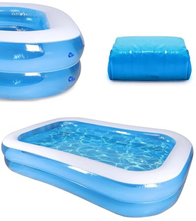 Large Inflatable Family Pool for Kids, Adults & Pets, Rectangular Above-Ground Paddling Pool with Heavy-Duty Leakproof PVC and Fast Drain Valve for Backyard, Garden & Indoor Use