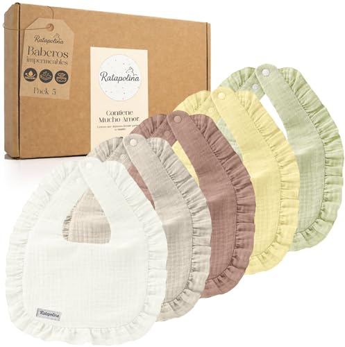 RATAPOLINA Baberos Bebe Impermeables de Muselina – Pack de 5, Diseño Elegante con Capa Impermeable Interior, Suaves y Resistentes