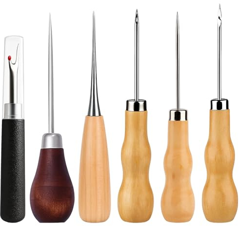 JcvPot 6-teiliges Leder Werkzeug Set Mit Verschiedenen Ahlen, Ahle Werkzeug Set, Prickelnadeln Und Nähahlen Für Leder Nähen, Werkzeuge Für Lederarbeiten Und Handwerksprojekte