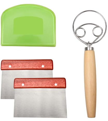 4 Pcs Kitchen Bench Scraper Tool Set, 2 Stainless Steel Rosewood Handle Dough Cutters, 1 Green Plastic Dough Scraper, 1 Dual-Ring Dough Whisk, Durable for Pastry Bread Pizza Cake Decorating