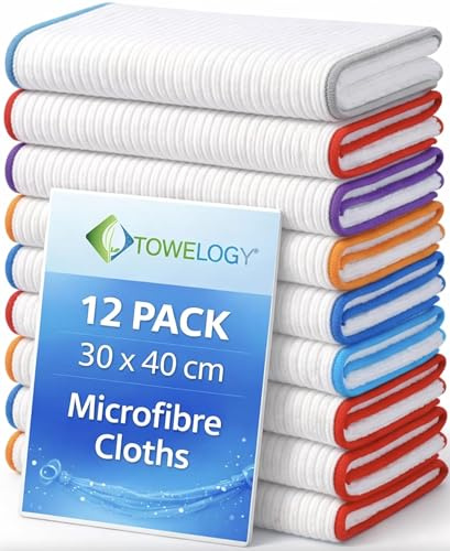 Towelogy Microfibre Cleaning Cloths, Pack of 12 – Large 30x40cm Reusable Lint Free Microfibre Cloths, Non-Scratch Washable Cleaning Cloths for Kitchen, Glass, Car & Bathroom