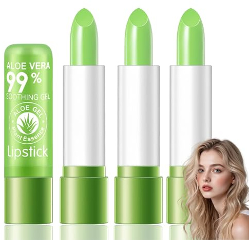 3PCS Aloe Vera Color Changing Lipstick Set, Long Lasting Nutritious Moisturizing Lip Balm, Temperature Activated Red Lipstick & Tinted Lip Balm, 24 Hour Waterproof Liquid Matte Lipstick for Lip Care