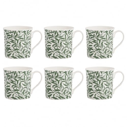 Set of 6 Green Leaf Print New Bone China Mugs 310ml Tea Coffee Cups Botanical Design Lightweight Durable Everyday Drinkware for Home Office Kitchen Use